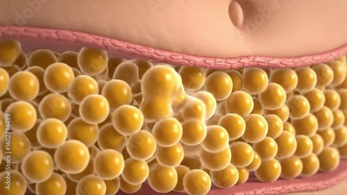 Detailed crosssection view of yellow human fat cells under pinkish skin