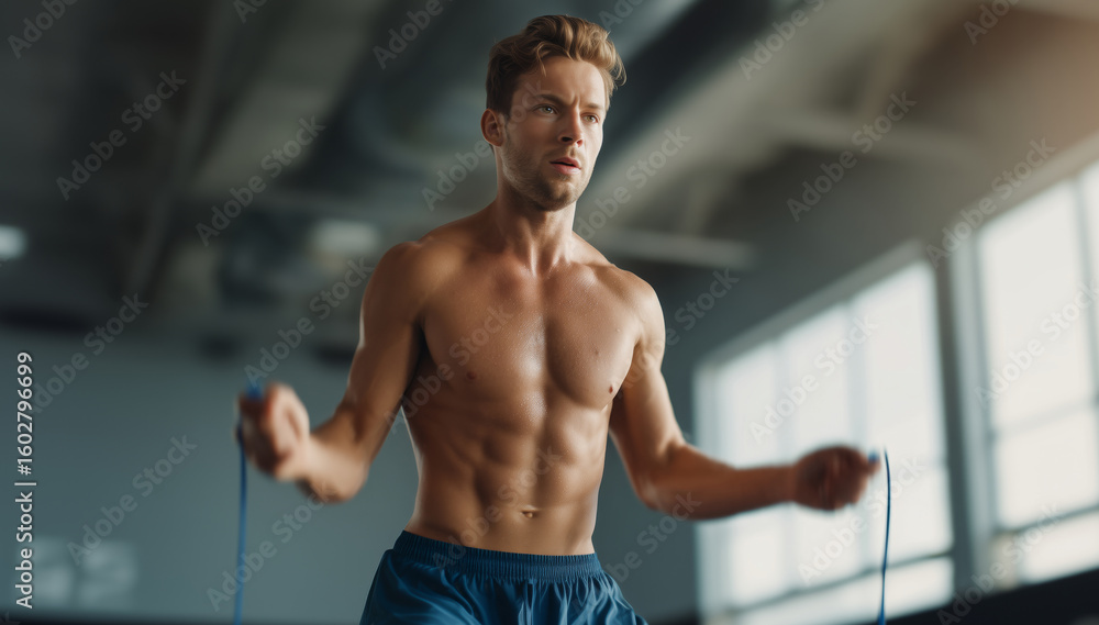 In a spacious indoor gym, a man with a fit physique exercises by skipping rope, demonstrating concentration and dedication to his fitness routine during daylight hours. In a spacious indoor gym, a man with a fit physique exercises by skipping rope, demonstrating concentration and dedication to his fitness routine during daylight hours.