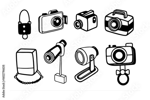Collection of hand drawn vintage and modern cameras and photographic equipment in a simple black and white sketch style