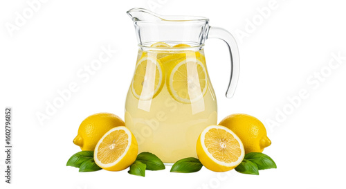 Photo of a refreshing pitcher of homemade lemonade with lemons and basil isolated on transparent background