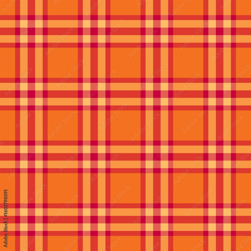 Fototapeta premium Vibrant orange plaid pattern. Perfect for autumnal designs, textiles, or website backgrounds. This seamless texture offers a warm, cheerful aesthetic, symbolizing energy and tradition.