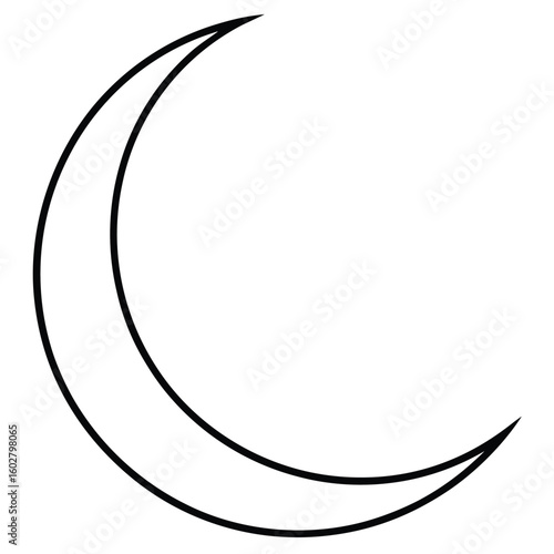 Simple black outline of a crescent moon against a white background representing a celestial body in its waxing or waning phase