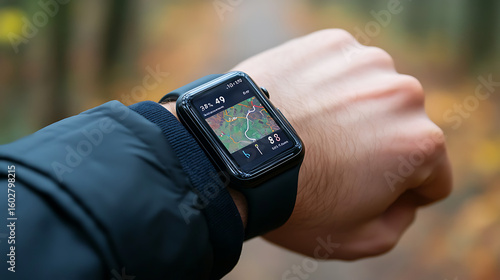 frameless smartwatch mockup on athlete wrist, UI showing heart rate and GPS map, outdoor trail background.