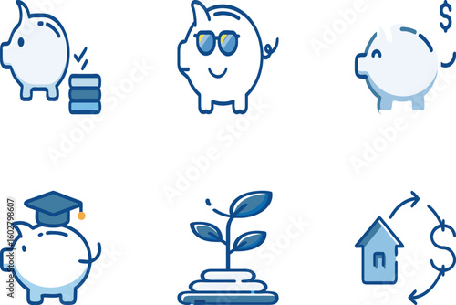 Vector art of a collection of six financial icons featuring piggy banks with symbols for saving education home ownership and investment growth