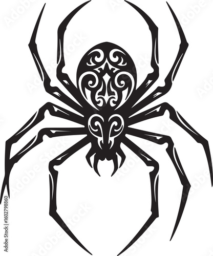 Decorative silhouette of a spider with ceremonial tribal patterns, sharp leg angles and curved markings, modern monochrome graphic.