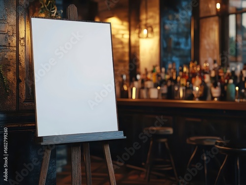 Realistic Blank White Welcome Sign Mockup on an Easel in Bar