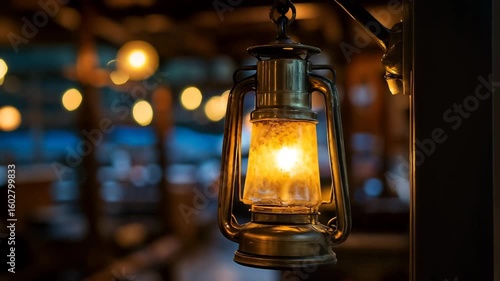 Vintage oil lantern with warm glow in evening atmosphere. Great for camping gear promotion and nostalgic lifestyle content.