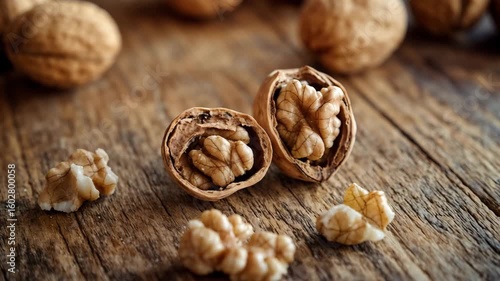 Walnuts cracked open displaying kernels on wooden background. Perfect for health food marketing and nutritional supplement advertising.
