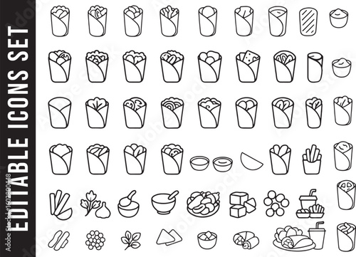 An Editable Set of Black and White Line Art Icons for Wraps, Burritos, and Shawarma
