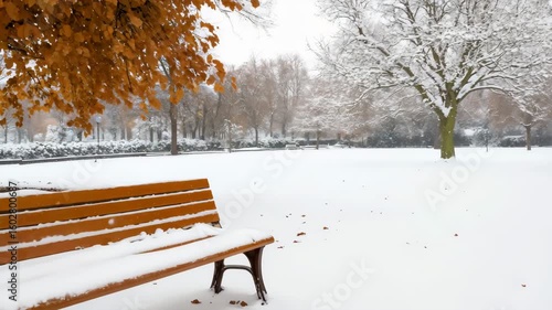 Snowy park bench in peaceful winter landscape setting. Perfect for seasonal marketing campaigns and tranquil outdoor lifestyle content.