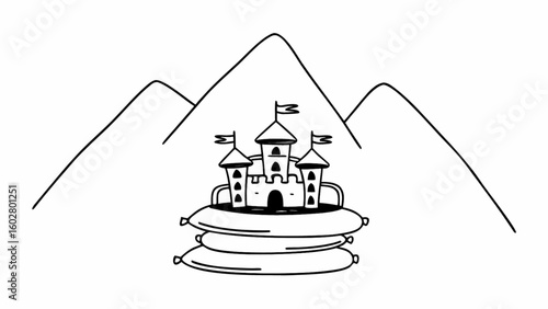 Hand drawn castle on pillows vector illustration with mountain backdrop line art style drawing for kids room