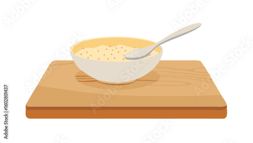 Delicious breakfast bowl of oatmeal with spoon on wooden board kitchen food healthy eating concept vector