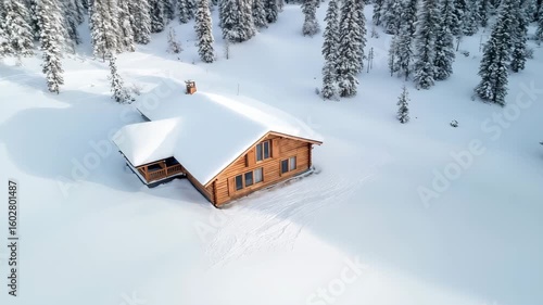 Cozy wooden cabin surrounded by snow-covered mountain forest. Ideal for winter retreat, holiday accommodation and mountain lifestyle marketing.