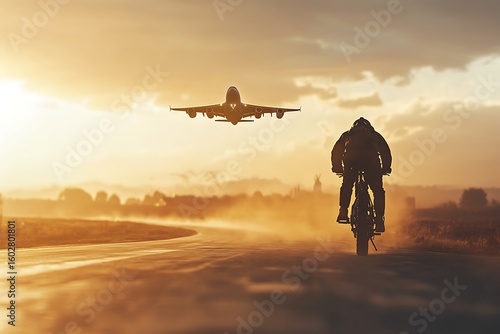 Cyclist Rides Toward Sunset as Airplane Flies Overhead, Golden Hour Adventure Awaits