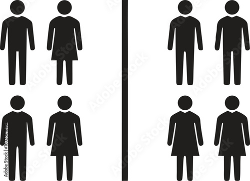 Two groups of male and female stick figures separated by a vertical line