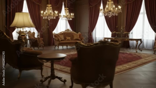 Ornate, gilded furniture fills a room with a large Persian rug and red velvet curtains