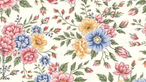 Floral pattern with pink blue yellow blooms green leaves on offwhite background
