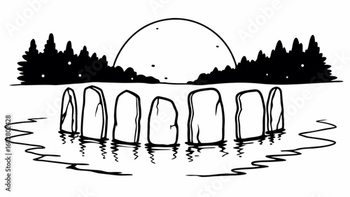 Stonehenge inspired rock circle in water landscape drawing with moon and trees black and white art vector