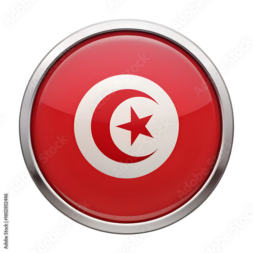 Free Download Glossy 3d circular button icon with the flag of Tunisia and a silver metallic border isolated on a transparent background - GFXLoad