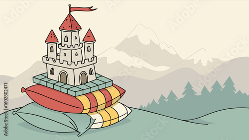 Magical castle on pillows vector illustration fantasy dreamland fairytale landscape drawing for kids and children