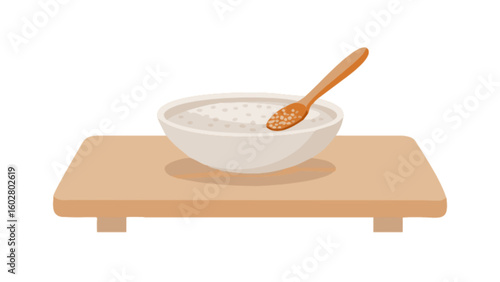 Bowl of oatmeal breakfast porridge with wooden spoon on table healthy food illustration vector art
