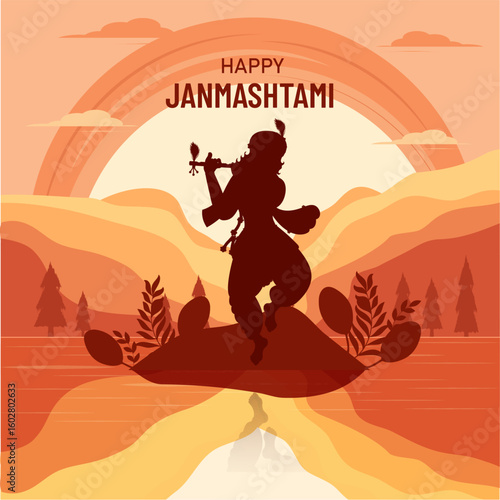Happy Janmashtami indian festival celebration, background and character design vector illustration. Lord Krishna playing flute.