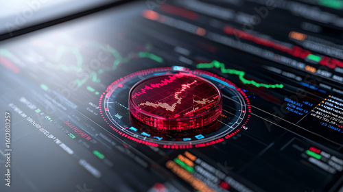 Futuristic data analysis interface showing graphs and metrics for financial trends and market performance insights.