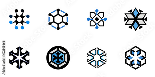 Futuristic Geometric Blockchain Node Logo – Symmetrical Neon Blue Tech Icon PNG Transparent