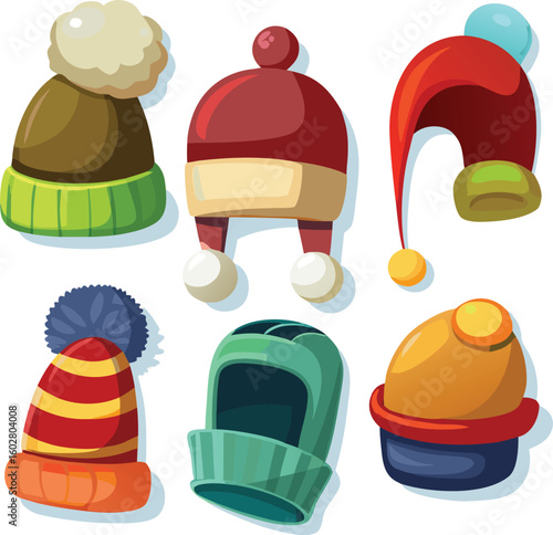 Colorful winter hats with pom poms and ear flaps pompom