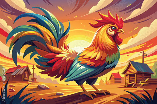 Colorful Rooster at Sunrise Over Rural Farmland