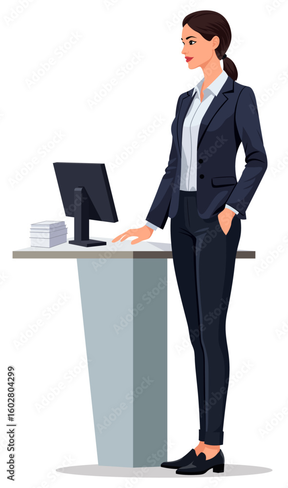 Business Woman Standing Computer Office Desk Business Woman Standing Computer Office Desk