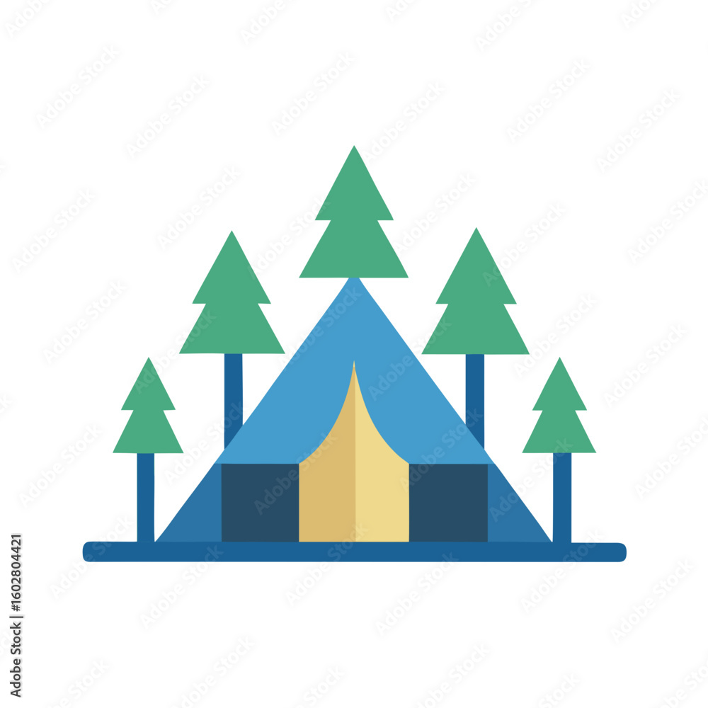 Fototapeta premium Simple blue tent surrounded by green pine trees