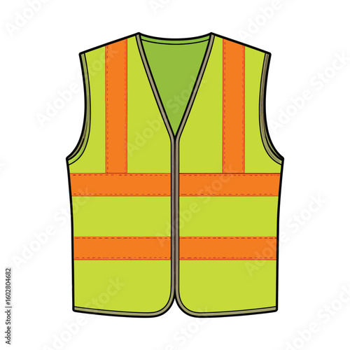 Illustrated high-visibility safety vest in fluorescent yellow-green with orange stripes.