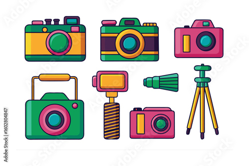 Vibrant collection of retro and modern cameras tripod and lens illustrating photography equipment and gadgets