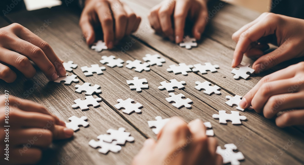 Multiple hands assembling white jigsaw puzzle pieces on wooden table, symbolizing teamwork, collaboration, and problem-solving Multiple hands assembling white jigsaw puzzle pieces on wooden table, symbolizing teamwork, collaboration, and problem-solving