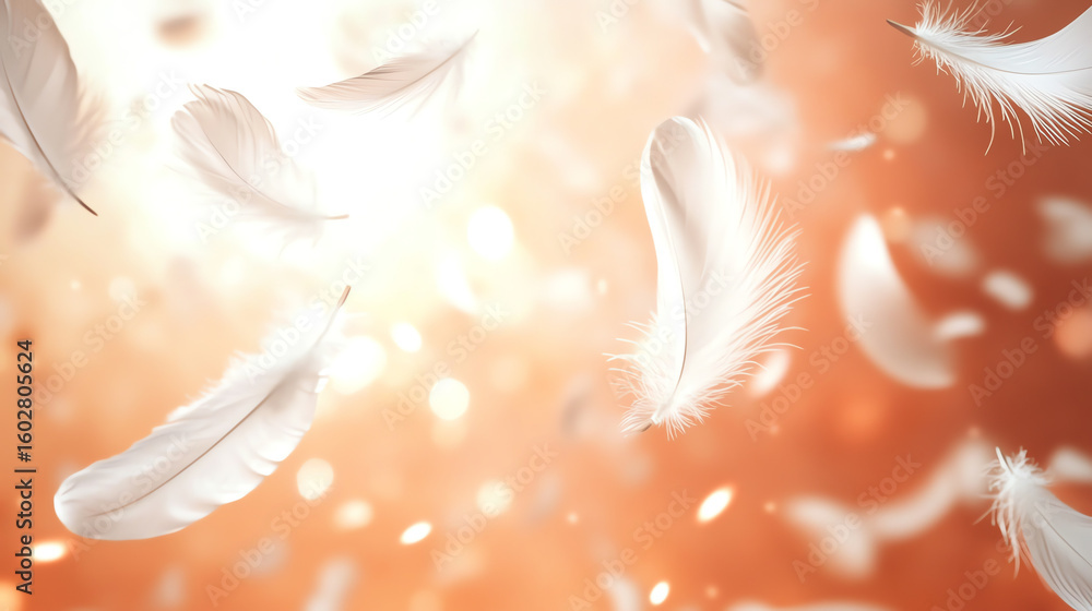 Naklejka premium Soft white feathers floating gracefully in a warm orange background, creating a serene and delicate atmosphere.