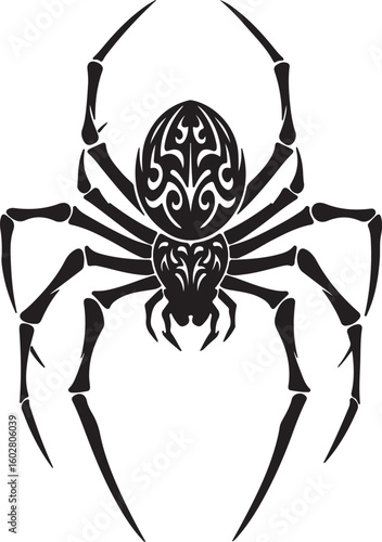 Decorative silhouette of a spider with ceremonial tribal patterns, sharp leg angles and curved markings, modern monochrome graphic.