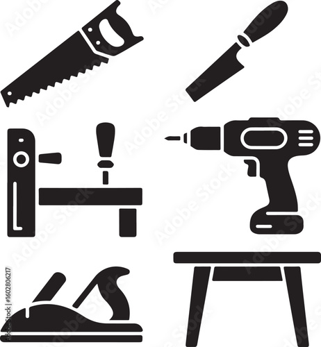 Carpenter Tool Kit Icons Solid Silhouettes of Wood Saw, Chisel, Bench Clamp, Drill, and Hand Plane Vector Pack