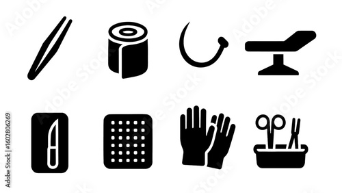 Black and white medical icon set featuring syringe, IV drip, gloves, nurse cap, shoes, checklist, and heart monitor symbol.