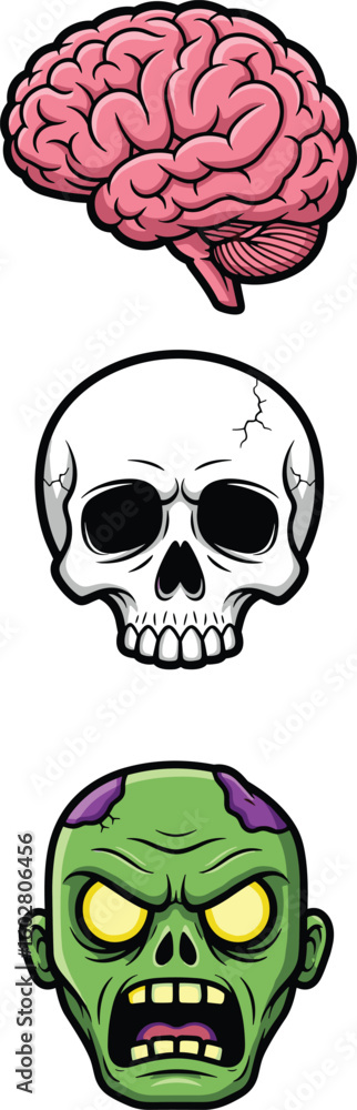 Fototapeta premium Cartoon zombie face, human skull, brain illustration, horror anatomy character, creepy undead head, spooky vector art, Halloween themed design