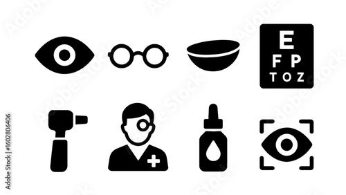 Optometry and eye care icon set in black