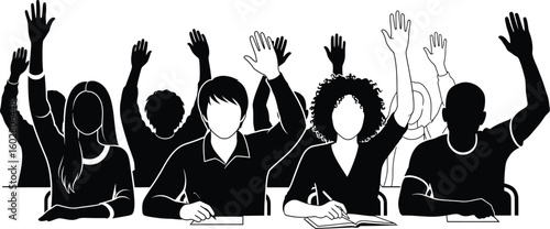 Motivated Students Raising Hands in Class for Active Participation and Engagement in Learning, Illustrating a Collaborative Educational Environment