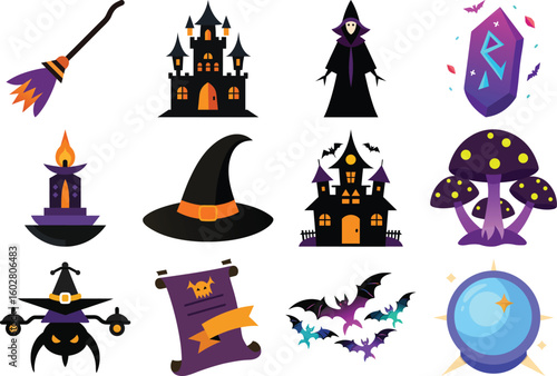 Vector art of a variety of halloween themed icons featuring an axe dragon ghost