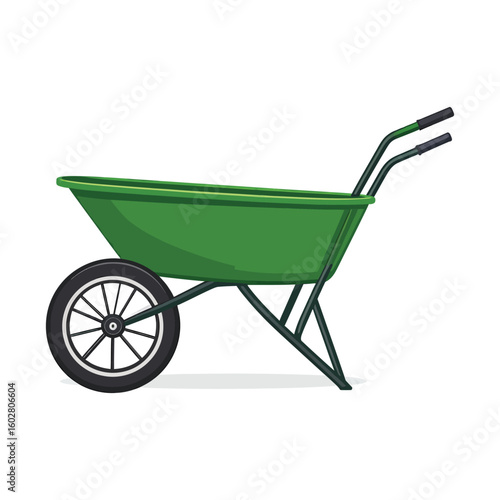 Green Wheelbarrow with Black Handles and Wheel for Gardening.