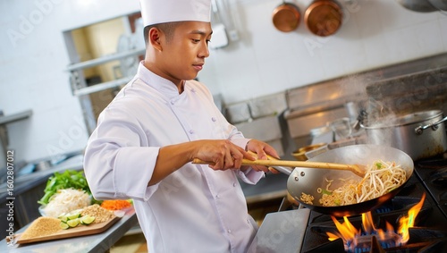 Chef skillfully prepares stir-fried noodles in a busy kitchen during dinner service hours