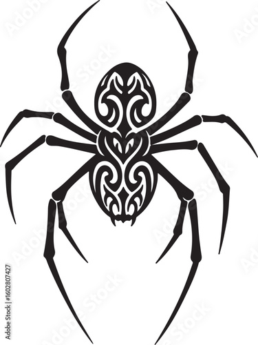 Decorative silhouette of a spider with ceremonial tribal patterns, sharp leg angles and curved markings, modern monochrome graphic.