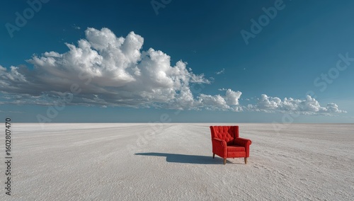 Red armchair on a vast white salt flat, dramatic sky
