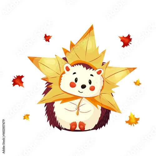 A hedgehog with a large autumn maple leaf around its head. Bright autumn colors. The character is hand-drawn, cute and cozy style. Vector