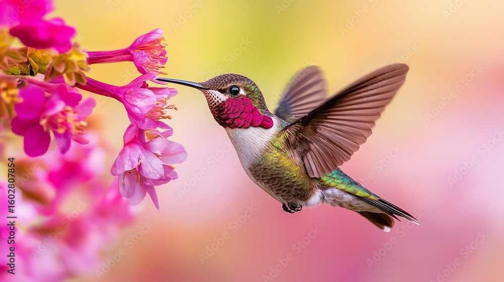 Fototapeta premium Macro photography of a hummingbird's tiny beak inside a flower, probing for nectar