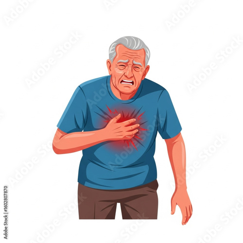 Senior Man Holding Chest in Heart Attack Pain – Cardiovascular Disease Vector Illustration